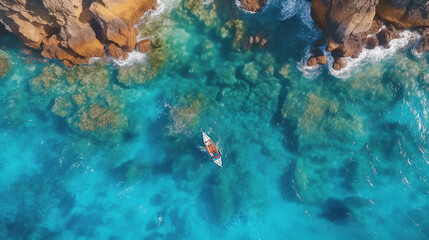 Fototapeta na wymiar Aerial view of blue sea waves and fantastic Rocky coast, Generative AI Technology 