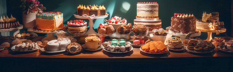 Generative AI image of a table full of cakes and pastries - 604237425