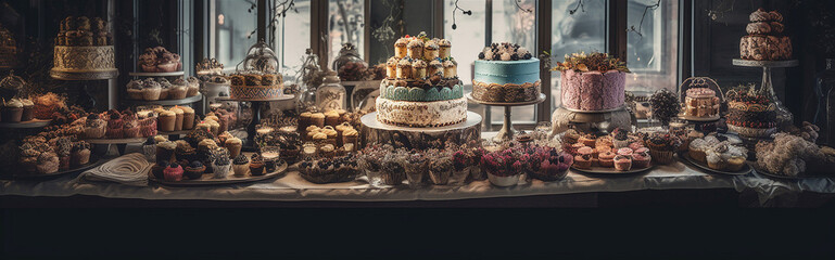 Generative AI image of a table full of cakes and pastries