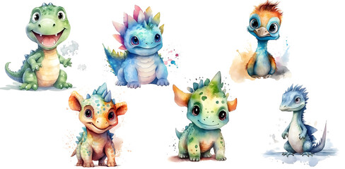 Fototapeta premium cute baby dinosaurs in watercolors, generated ai