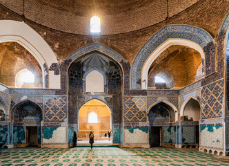 Interior of Blue Mosque in Tabriz, Iran. Constructed in 1465 and severely damaged by earthquake in 1780. Masterpiece of Azeri architecture. Historic heritage and tourist attraction. - obrazy, fototapety, plakaty