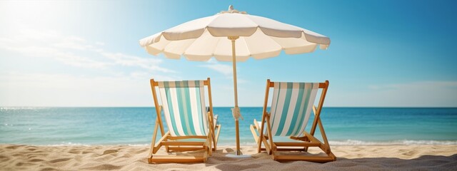 Landscape summer vacation holiday travel ocean sea beach background banner panorama - Wooden sun loungers, lounge chair and parasol on the sand, blue sky and sunshine (Generative Ai) - obrazy, fototapety, plakaty
