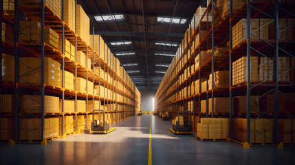 Huge distribution warehouse with high shelves, business office buildings concept, Generative AI Technology 