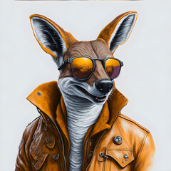 animated kangaroo with aviator jacket and sunglasses isolated on white background