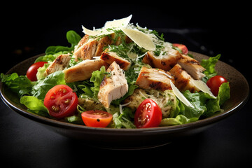 Enjoy a delightful chicken Caesar salad, featuring Parmesan cheese, ripe tomatoes, crisp croutons, and a flavorful dressing