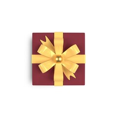 Gift box with bow isolated on white background with clipping path. Cardboard box with gift wrap and ribbon for birth day, xmas, christmas, new year, anniversary or special day. Top view. 3D rendering.