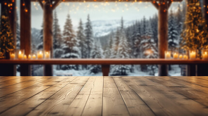 Empty wooden table in front of beautiful snowy christmas tree. Generative AI