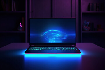 A laptop computer with a blank screen set on a portable neon desk in a dark room illuminated with blue lighting. Technological background with a laptop - obrazy, fototapety, plakaty