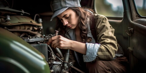 Plakat Woman auto mechanic repairs with a wrench with an engine Generative AI
