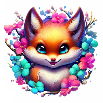  3d illustration Adorable Fox with floral frame, cartoon, cute with generative ai