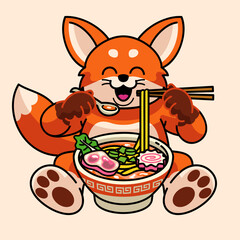 Fox Cute Mascot Character Eating Ramen Noodle