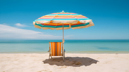  vibrant colors of a beach umbrella and beach chair set up on a sandy shore, with the clear blue ocean in the background