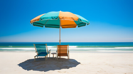  vibrant colors of a beach umbrella and beach chair set up on a sandy shore, with the clear blue ocean in the background