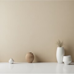 Fototapeta na wymiar Artistic interior still life. minimal decor concept. Empty beige wall background. Generative Ai
