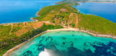 Aerial view of sand Vrasidas beach near Kavala, Greece, Europe