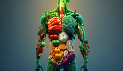 Vegetables forming a human body metabolism and nutrition.Generative AI.