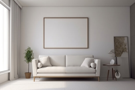 The serene and spacious living room features a comfortable white couch and a large window that lets in plenty of natural light. AI Generative