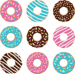 Doughnut set. Donuts in sugar glaze with sprinkles. Vector image