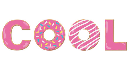Donuts in pink icing and sprinkles in creative text are cool on a white background. Vector image