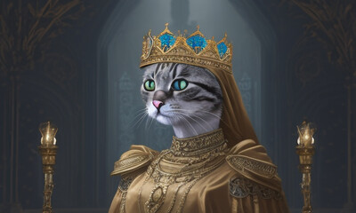 Portrait of cute royal cat in a golden crown