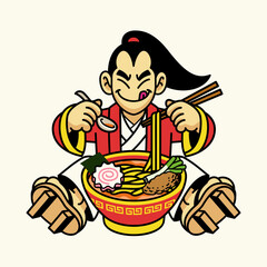 Japanese Traditional Men wearing kimono and eating the ramen noodle