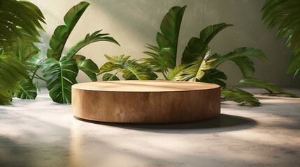 Teak wooden round smooth beautiful grain podium table. Generative AI