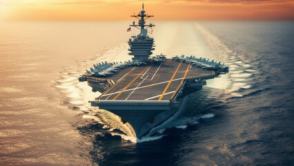 Military concept. Aircraft carrier crossing the ocean with Generative AI Technology.