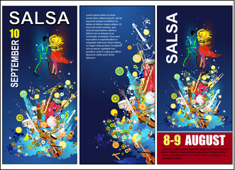 The salsa party poster. The vector background of salsa dance. The salsa sport banner. Advertisement of the salsa dance. The social dance.