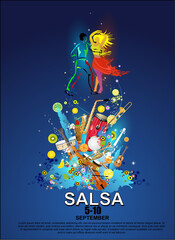 Fototapeta na wymiar The salsa party poster. The vector background of salsa dance. The salsa sport banner. Advertisement of the salsa dance. The social dance.