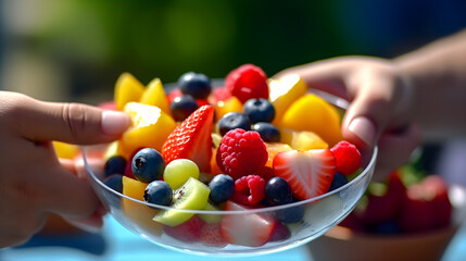 Hands holding a vibrant fruit salad against a backdrop of a sunny picnic table, 