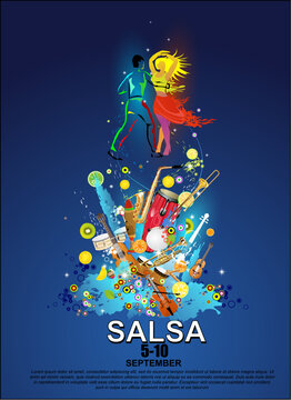 The salsa party poster. The vector background of salsa dance. The salsa sport banner. Advertisement of the salsa dance. The social dance.