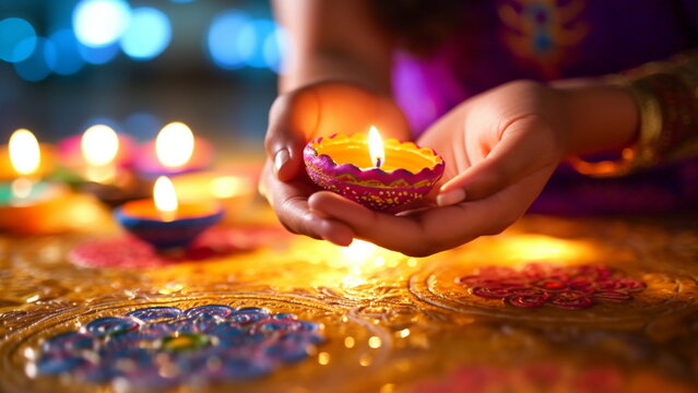 Happy Diwali, sharp a Beautifull woman hand closeup Diya lamps lit on colorful rangoli with bokeh light background with Generative AI.
