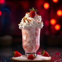 Photograph of strawberry shake with whipped cream and cherry