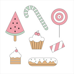 A set of sweet icons - lollipops, cakes and watermelon.
