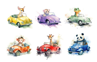 Set of cute watercolor jungle animals on cars. Deer, leopard, crocodile, monkey, giraffe, panda on white background. Purple, red pink, orange, blue, green convertible. Generated by AI