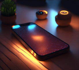 phone on a table with sparkles and dark background