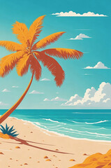 Fototapeta na wymiar Summer Beach Illustration Serene Palm Tree, Gentle Waves, and Graceful Seagulls in Vibrant Flat Vector Style. Generative AI.