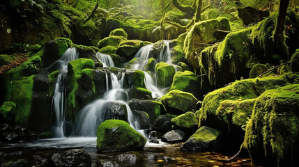 Waterfall with rocks and green moss in the forest. Generative AI