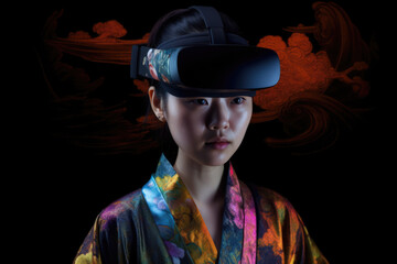 Office worker woman in vr helmet. Female using Virtual reality display in office tasks generative ai.