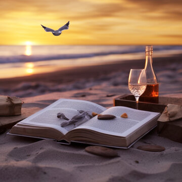 A photo captures a beach scene with a flying seagull, a sunset, and an open book with a glass of wine on the sandy shore.