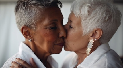 Old women lesbian couple. Black and Caucasian female in love. LGBT pride month celebration generative ai