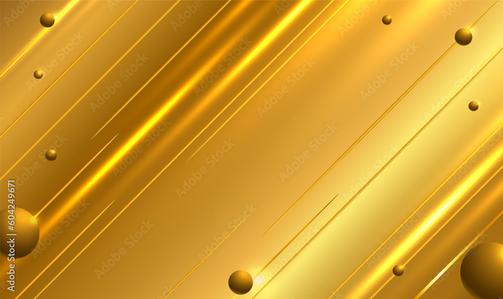 Poster gold metal background with golden spheres balls and light effect. abstract 3d futuristic background 