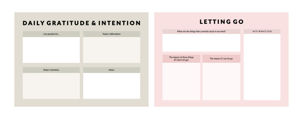 Set of printable vector manifestation, affirmation, gratitude planner template set for journaling, self-reflection, self care, shadow work, or coaching