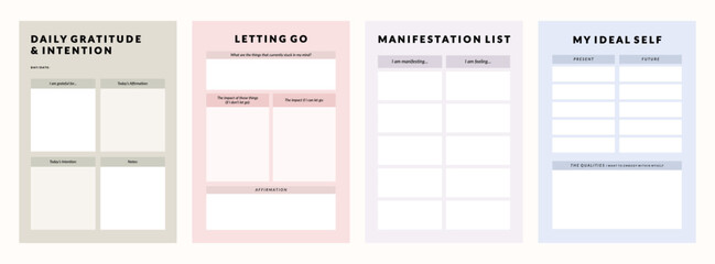 Set of printable vector manifestation, affirmation, gratitude planner template set for journaling, self-reflection, self care, poster, shadow work, or coaching