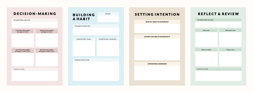 Set of printable vector manifestation, affirmation, gratitude planner template set for journaling, self-reflection, self care, poster, shadow work, or coaching