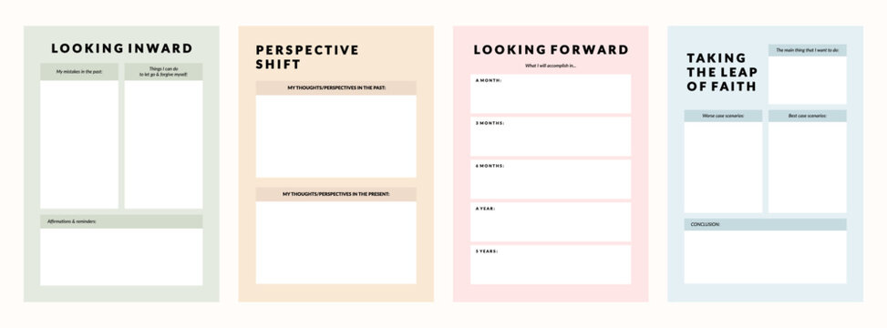 Set of printable vector manifestation, affirmation, gratitude planner template set for journaling, self-reflection, self care, poster, shadow work, or coaching