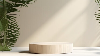Minimal natural log wood podium table in sunlight. Generative AI