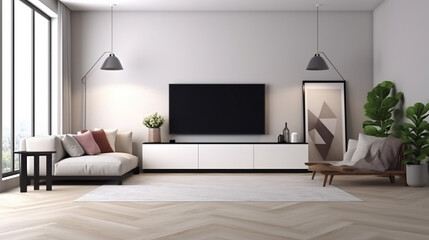 mock up white wall background modern living room decoration. Generative AI