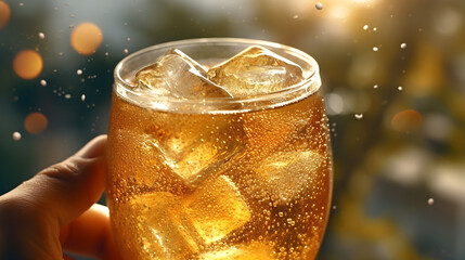 Shot of a hand holding a refreshing cold beverage with droplets condensing on the glass, against a backdrop of a vibrant outdoor setting