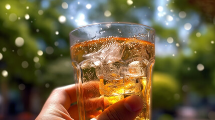 Shot of a hand holding a refreshing cold beverage with droplets condensing on the glass, against a backdrop of a vibrant outdoor setting
